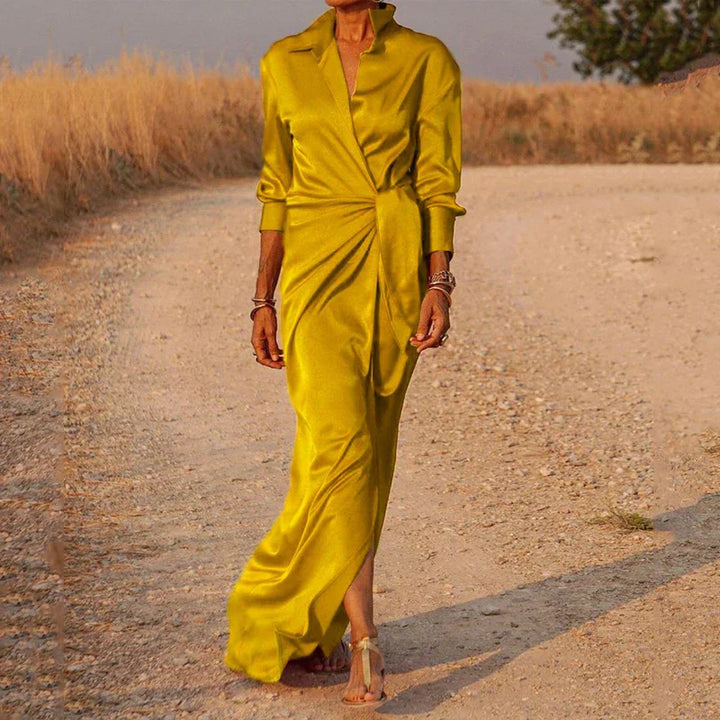Elegante abito avvolgente da donna – Abito lungo in satin con colletto e spacco, ideale per sera, eventi e estate