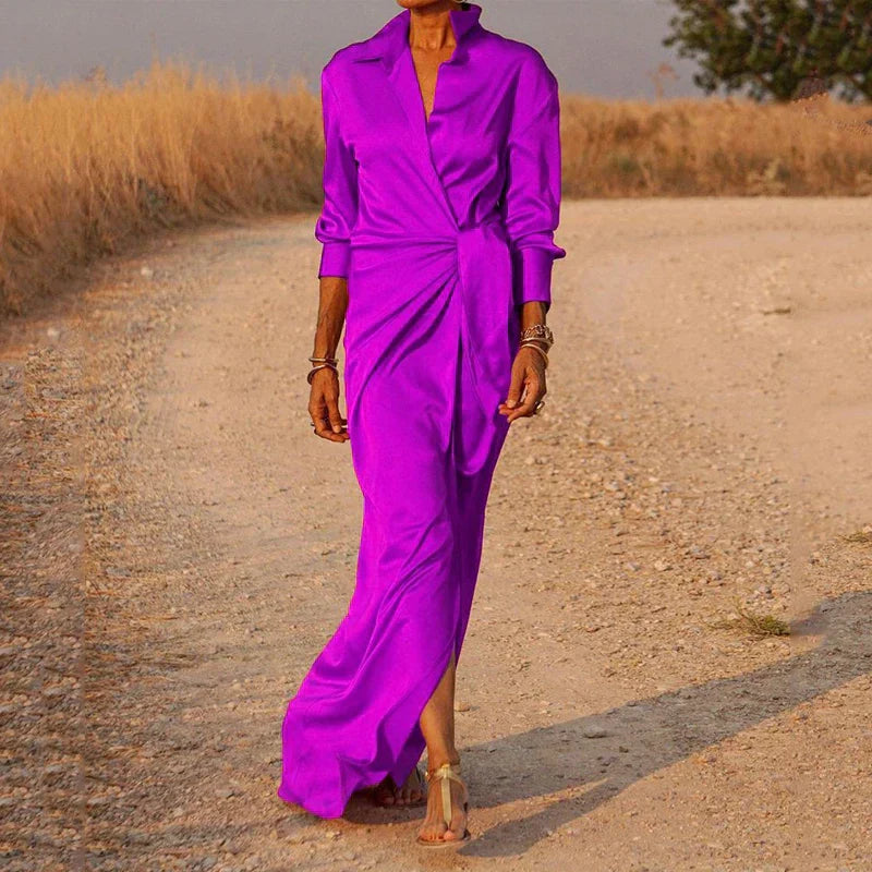 Elegante abito avvolgente da donna – Abito lungo in satin con colletto e spacco, ideale per sera, eventi e estate