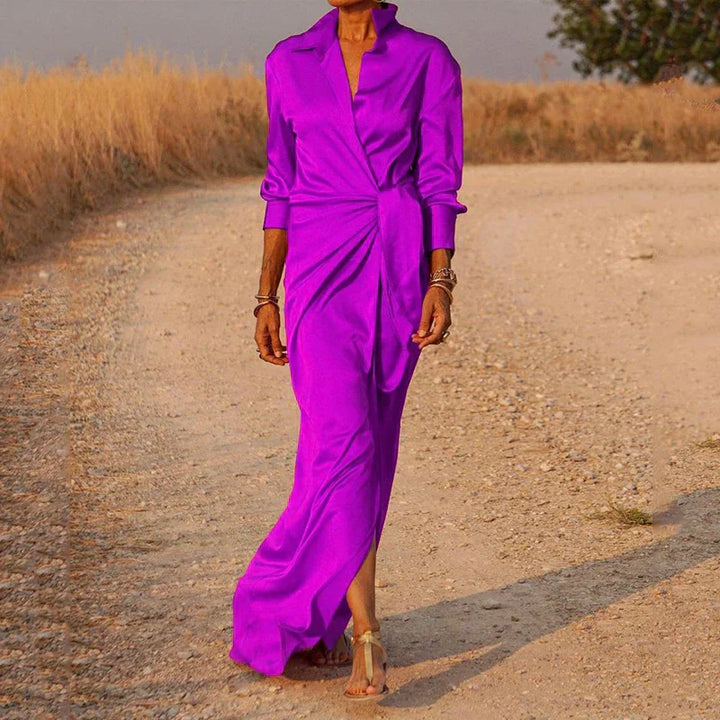 Elegante abito avvolgente da donna – Abito lungo in satin con colletto e spacco, ideale per sera, eventi e estate