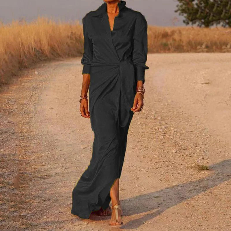 Elegante abito avvolgente da donna – Abito lungo in satin con colletto e spacco, ideale per sera, eventi e estate