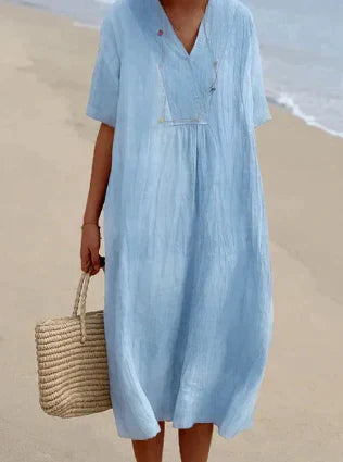 Lässiges Damen Leinenkleid mit V-Ausschnitt – Luftiges Sommerkleid für Strand & Alltag