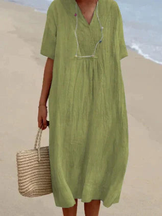 Lässiges Damen Leinenkleid mit V-Ausschnitt – Luftiges Sommerkleid für Strand & Alltag