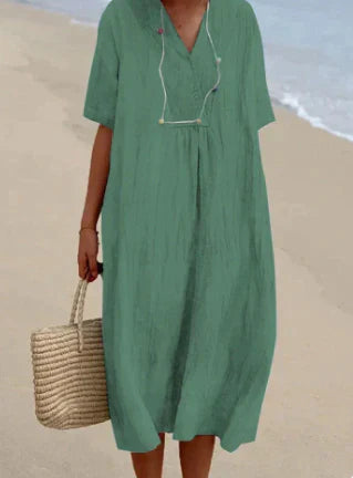 Lässiges Damen Leinenkleid mit V-Ausschnitt – Luftiges Sommerkleid für Strand & Alltag