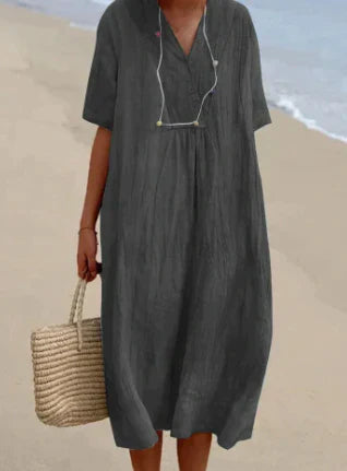 Lässiges Damen Leinenkleid mit V-Ausschnitt – Luftiges Sommerkleid für Strand & Alltag