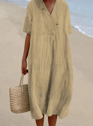 Lässiges Damen Leinenkleid mit V-Ausschnitt – Luftiges Sommerkleid für Strand & Alltag