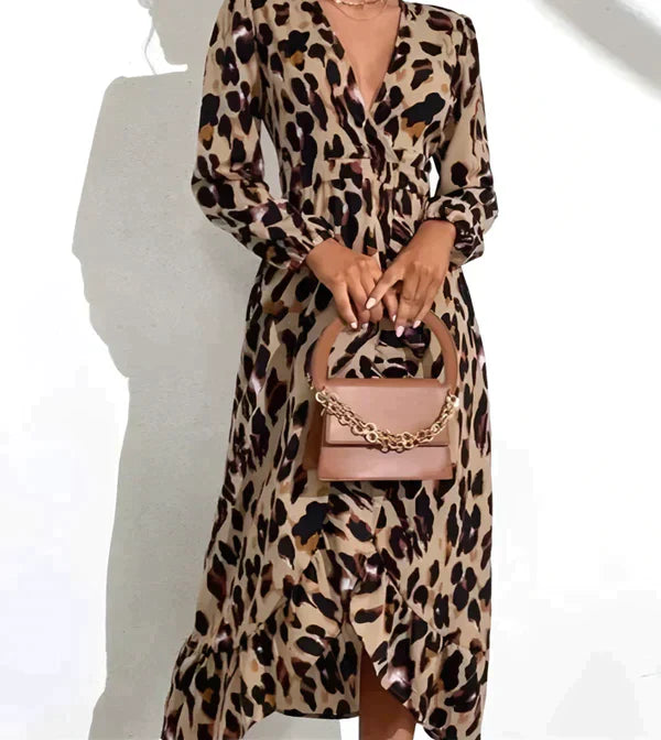 Robe portefeuille à motif léopard – robe midi avec décolleté en V et manches longues