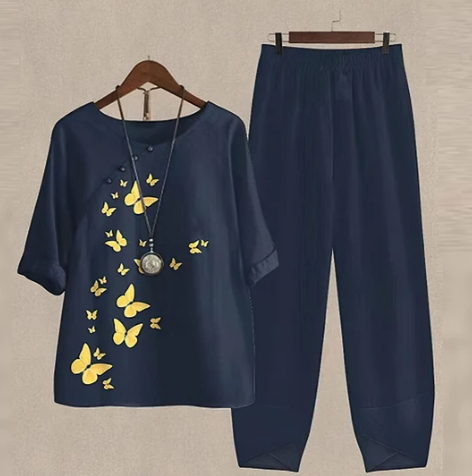 Zweiteiliges Damen Set mit Schmetterlingsdruck – Bequemes Freizeit-Outfit mit Oberteil & Hose für Alltag, Homewear & Urlaub