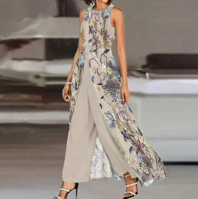 Tuta senza maniche da donna con sovrapposizione floreale – Elegante pezzo unico con gamba ampia e design fluido – Outfit per eventi, estate e moda da sera