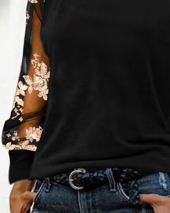 Maglia a maniche lunghe da donna con inserti in pizzo floreale – Top asimmetrico con maniche trasparenti per sera, festa e tempo libero