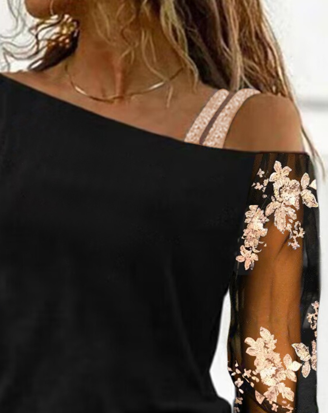 Maglia a maniche lunghe da donna con inserti in pizzo floreale – Top asimmetrico con maniche trasparenti per sera, festa e tempo libero