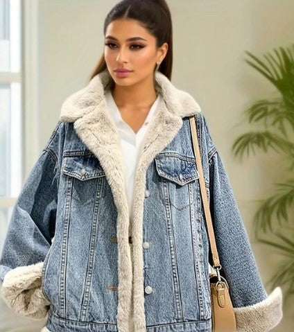 Veste en jean oversize pour femme avec doublure en teddy – Veste de mi-saison doublée au style streetwear