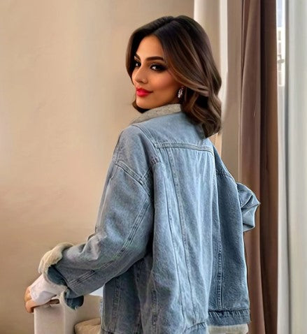 Veste en jean oversize pour femme avec doublure en teddy – Veste de mi-saison doublée au style streetwear