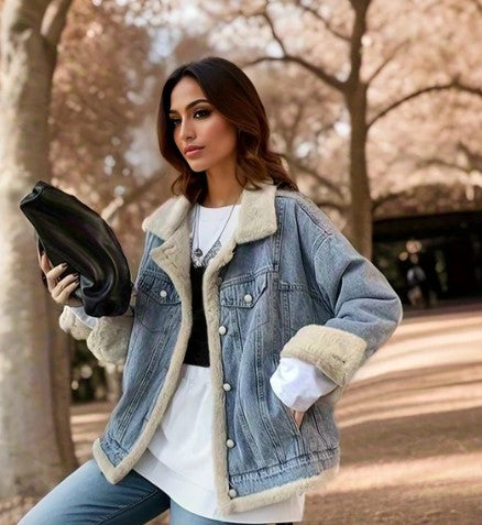 Veste en jean oversize pour femme avec doublure en teddy – Veste de mi-saison doublée au style streetwear