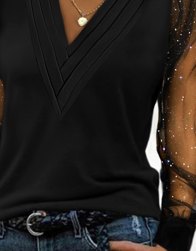 Maglia a maniche lunghe da donna con inserti in pizzo floreale – Top asimmetrico con maniche trasparenti per sera, festa e tempo libero