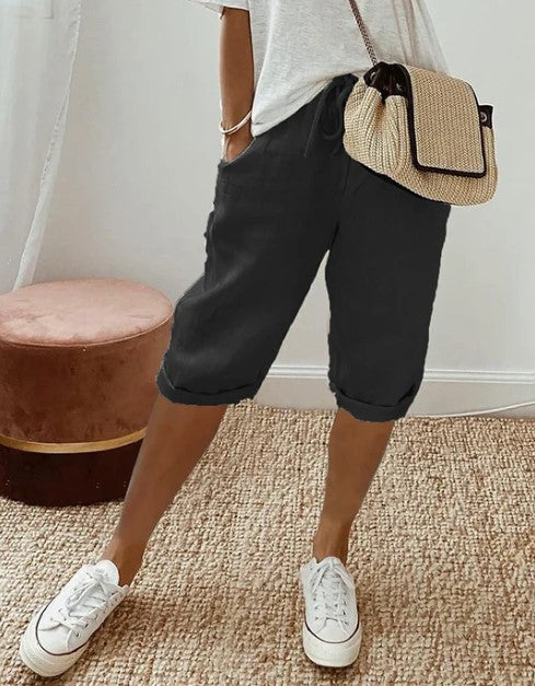 Bermuda pour femmes avec cordon de serrage – Pantalon d'été décontracté aspect lin pour loisirs & vacances