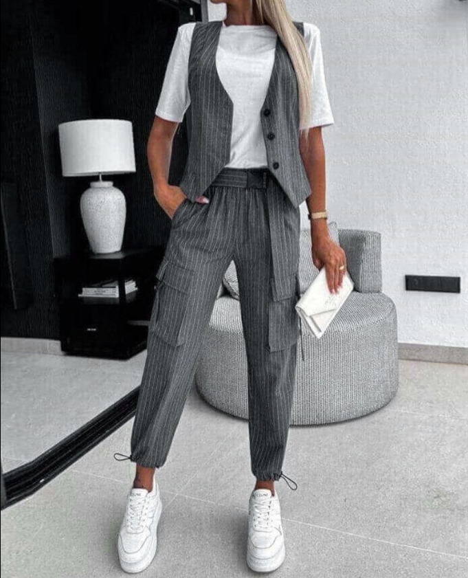 Set da donna in due pezzi con righe sottili – Top gilet senza maniche & pantaloni cargo in stile business casual