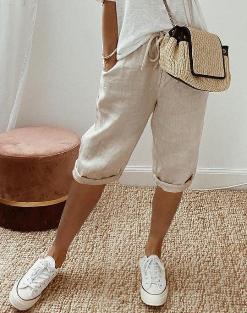 Bermuda pour femmes avec cordon de serrage – Pantalon d'été décontracté aspect lin pour loisirs & vacances