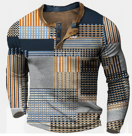 T-shirt à manches longues pour hommes avec motif patchwork géométrique – style rétro pour le quotidien et les loisirs