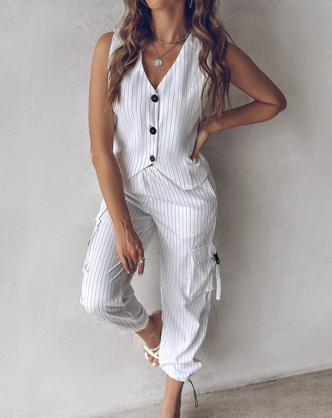 Set da donna in due pezzi con righe sottili – Top gilet senza maniche & pantaloni cargo in stile business casual