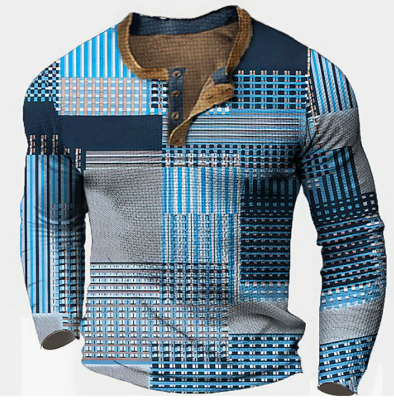 T-shirt à manches longues pour hommes avec motif patchwork géométrique – style rétro pour le quotidien et les loisirs