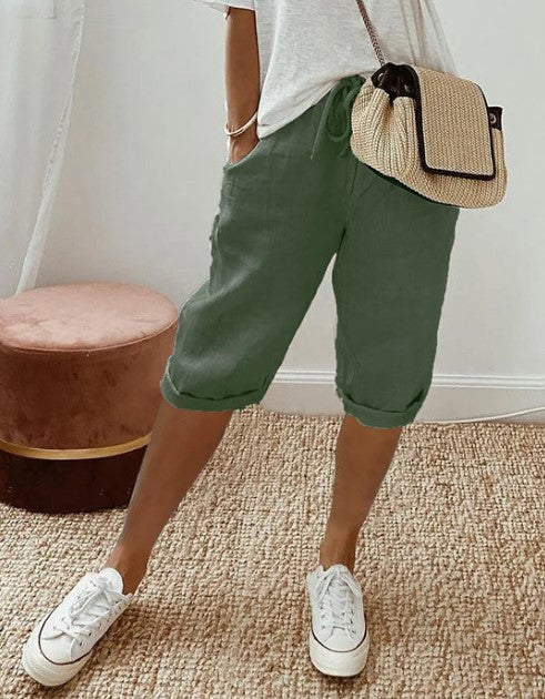 Bermuda pour femmes avec cordon de serrage – Pantalon d'été décontracté aspect lin pour loisirs & vacances