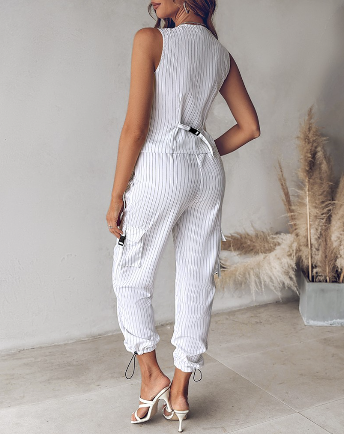 Set da donna in due pezzi con righe sottili – Top gilet senza maniche & pantaloni cargo in stile business casual