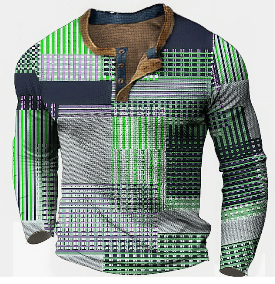 T-shirt à manches longues pour hommes avec motif patchwork géométrique – style rétro pour le quotidien et les loisirs