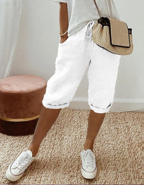 Bermuda pour femmes avec cordon de serrage – Pantalon d'été décontracté aspect lin pour loisirs & vacances