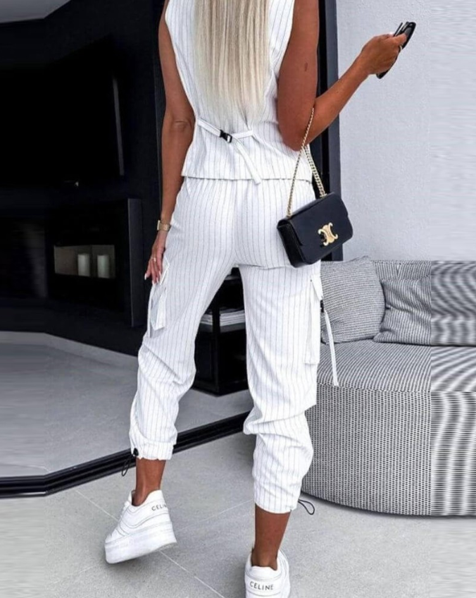 Set da donna in due pezzi con righe sottili – Top gilet senza maniche & pantaloni cargo in stile business casual