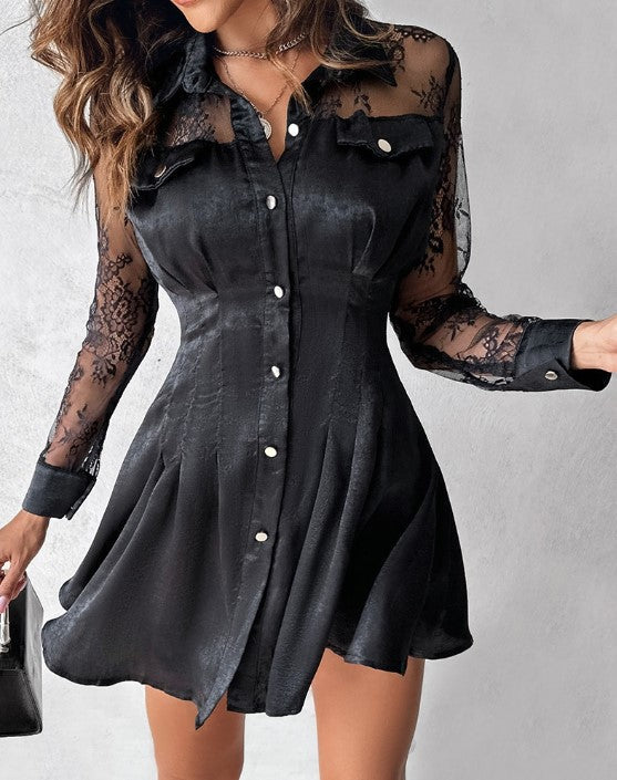 Mini abito con pizzo e bottoni – abito aderente da donna con maniche lunghe per festa, club e serata romantica