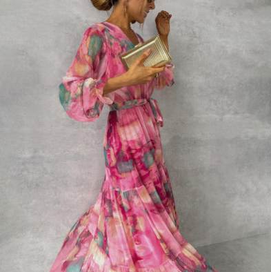Boho Maxikleid Damen – Langärmeliges Chiffonkleid mit Blumenprint und Wickeloptik