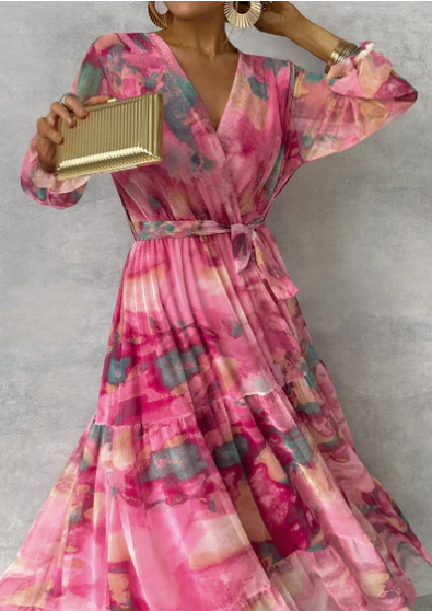 Boho Maxikleid Damen – Langärmeliges Chiffonkleid mit Blumenprint und Wickeloptik