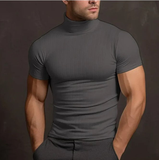 T-shirt homme ajusté avec col montant – T-shirt à manches courtes col roulé slim fit – Haut basique pour sport, loisirs et style urbain