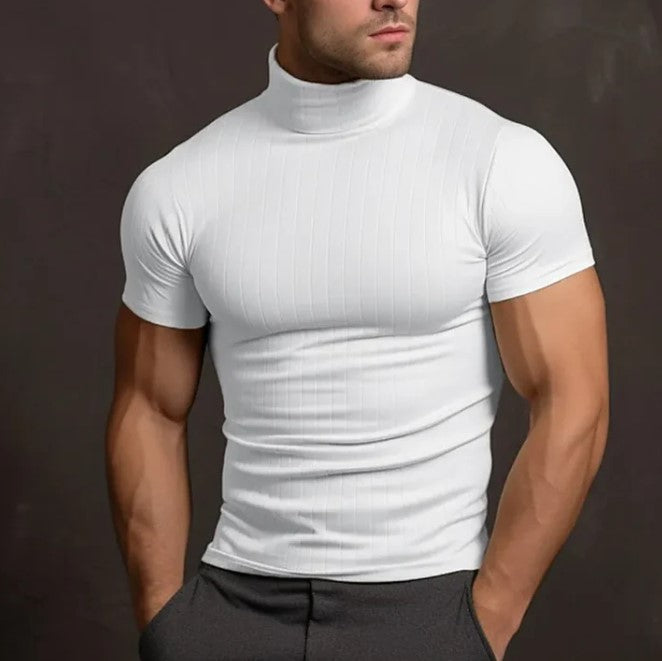 T-shirt homme ajusté avec col montant – T-shirt à manches courtes col roulé slim fit – Haut basique pour sport, loisirs et style urbain