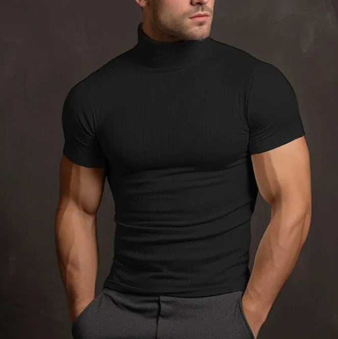 T-shirt homme ajusté avec col montant – T-shirt à manches courtes col roulé slim fit – Haut basique pour sport, loisirs et style urbain