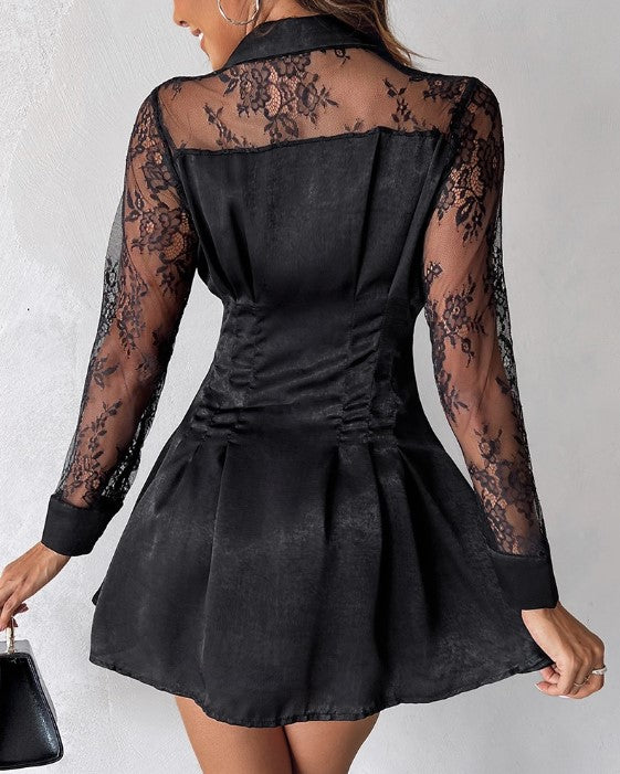 Mini abito con pizzo e bottoni – abito aderente da donna con maniche lunghe per festa, club e serata romantica