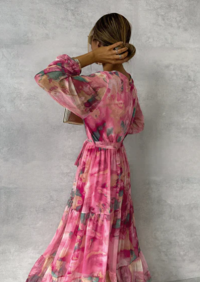 Boho Maxikleid Damen – Langärmeliges Chiffonkleid mit Blumenprint und Wickeloptik