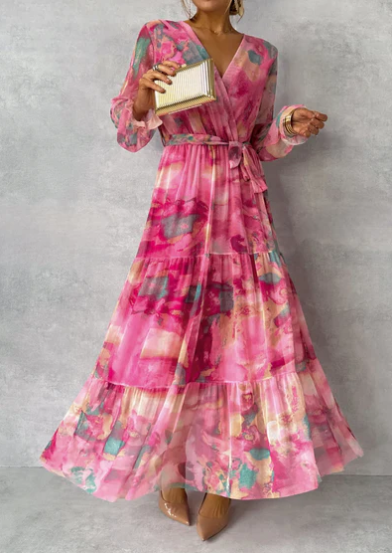 Boho Maxikleid Damen – Langärmeliges Chiffonkleid mit Blumenprint und Wickeloptik