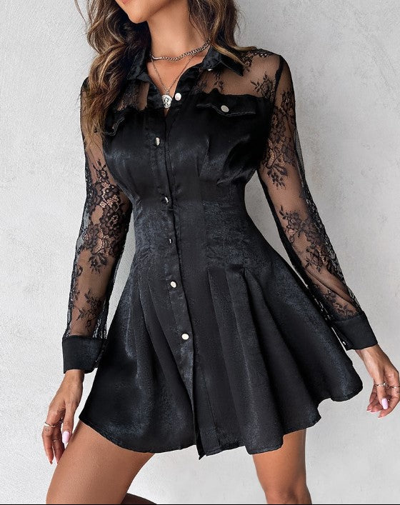 Mini abito con pizzo e bottoni – abito aderente da donna con maniche lunghe per festa, club e serata romantica