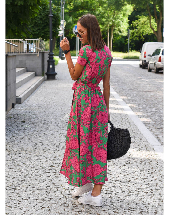 Maxikleid Damen – Florales Sommerkleid mit Gürtel & Kurzarm für Alltag & Urlaub