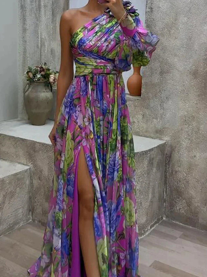 Abito lungo asimmetrico – elegante abito monospalla con stampa floreale e spacco