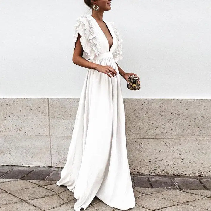 Elegante vestito lungo da donna con maniche a volant e scollo a V profondo – abito estivo lungo fino a terra per sera e matrimonio