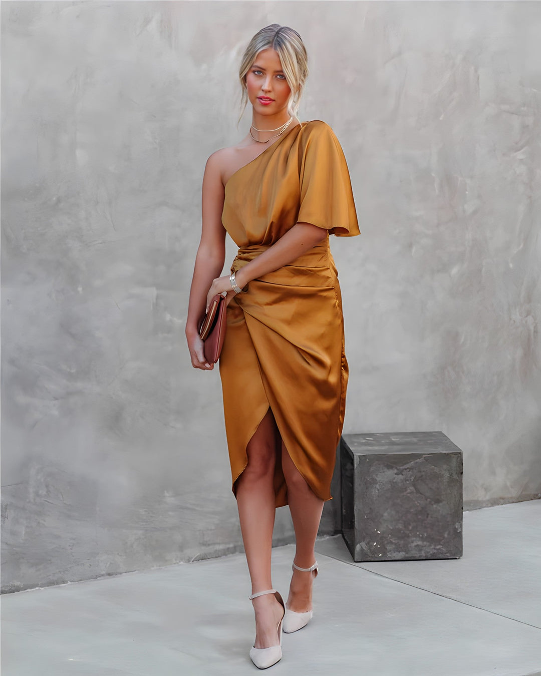 Abito midi in raso da donna – Abito da cocktail monospalla con drappeggio e spacco – Elegante per sera ed eventi