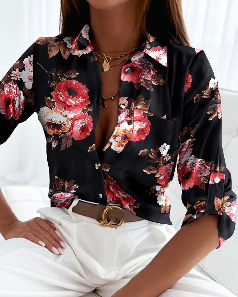 Chemises imprimées | Blouse à la mode avec manches longues et patte de boutonnage