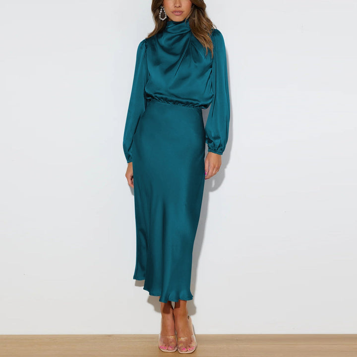 Elegante abito midi in satin con collo alto – abito da festa con maniche lunghe