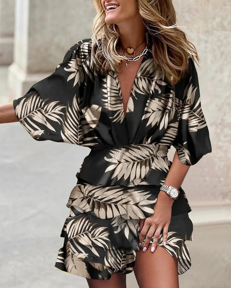 Vestito con volant da donna – vestito corto con scollo a V, maniche a pipistrello e vita elastica in stile boho estivo