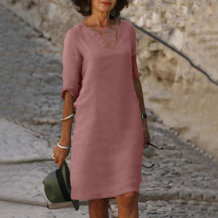 Leichtes Damen Sommerkleid mit V-Ausschnitt – Lockeres Midikleid mit 3/4 Ärmeln für Urlaub, Alltag & Reisen
