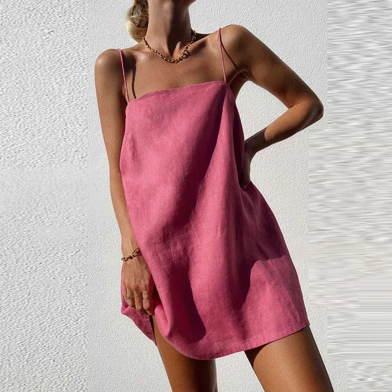 Abito estivo leggero da donna con spalline sottili – Abito di lino ampio in stile minimalista