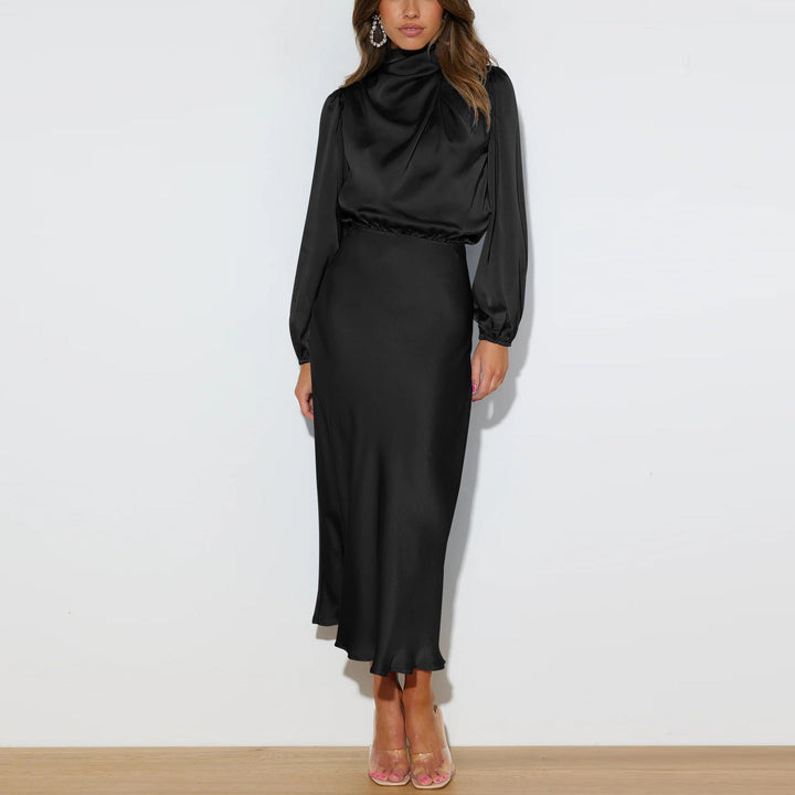 Elegante abito midi in satin con collo alto – abito da festa con maniche lunghe