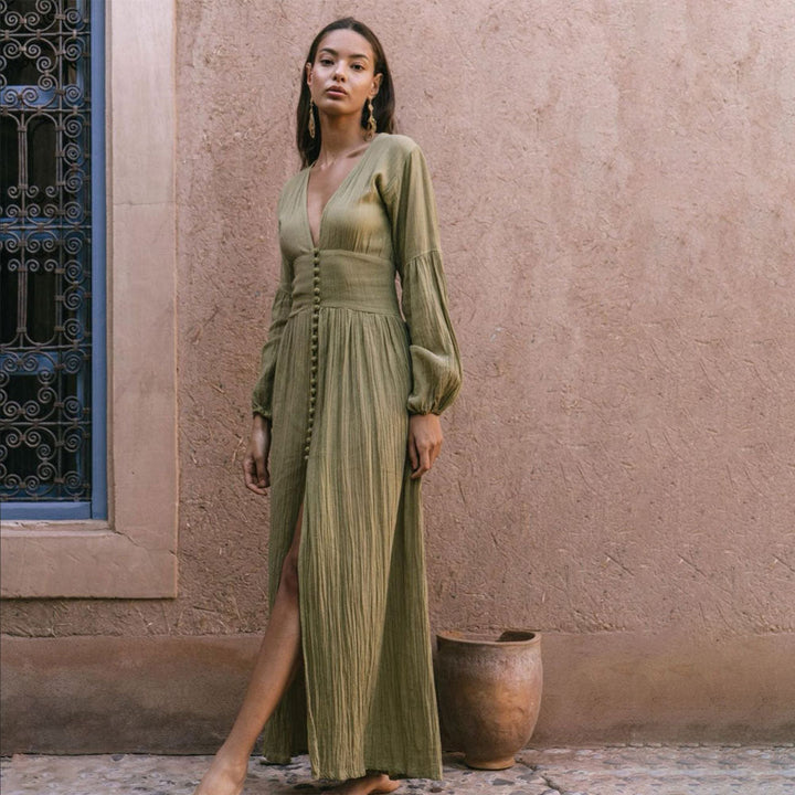 Halina - Langes Kleid mit V-Ausschnitt für Damen